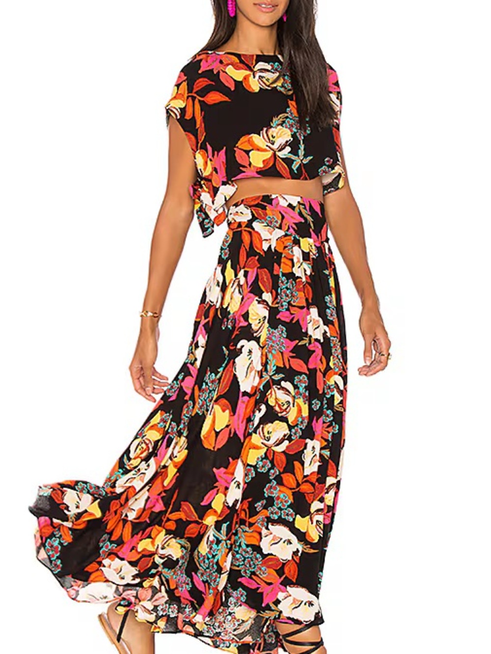 Free People Sundown Set - 2-pc Black Floral Skirt + Top, XS